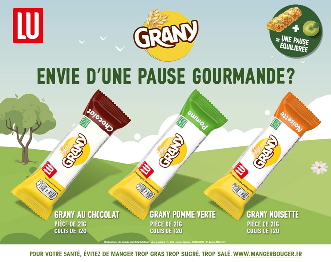 Barres de céréales Grany parfum chocolat, pomme verte et noisette