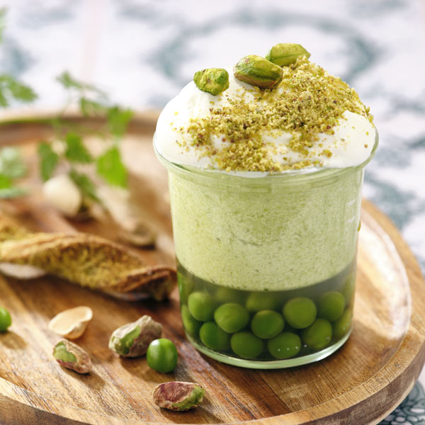 Cappuccino de petits pois à la pistache